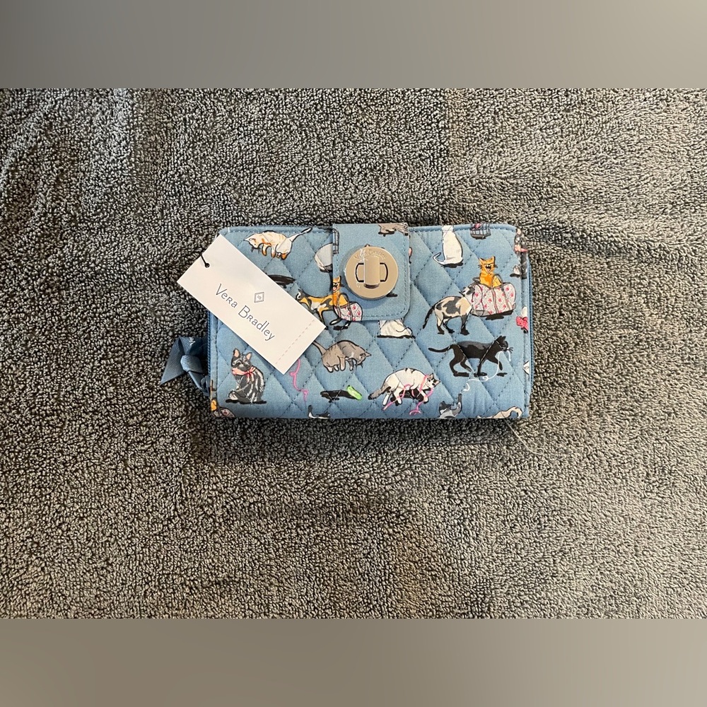 Vera Bradley Turnlock Wallet Cat’s Meow Cats Kittens Blue RFID Zip Clutch NWT
